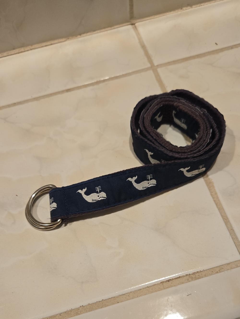Handmade With Vineyard Vines Navy Whale Logo Ribbon D-Ring Fabric Belt
